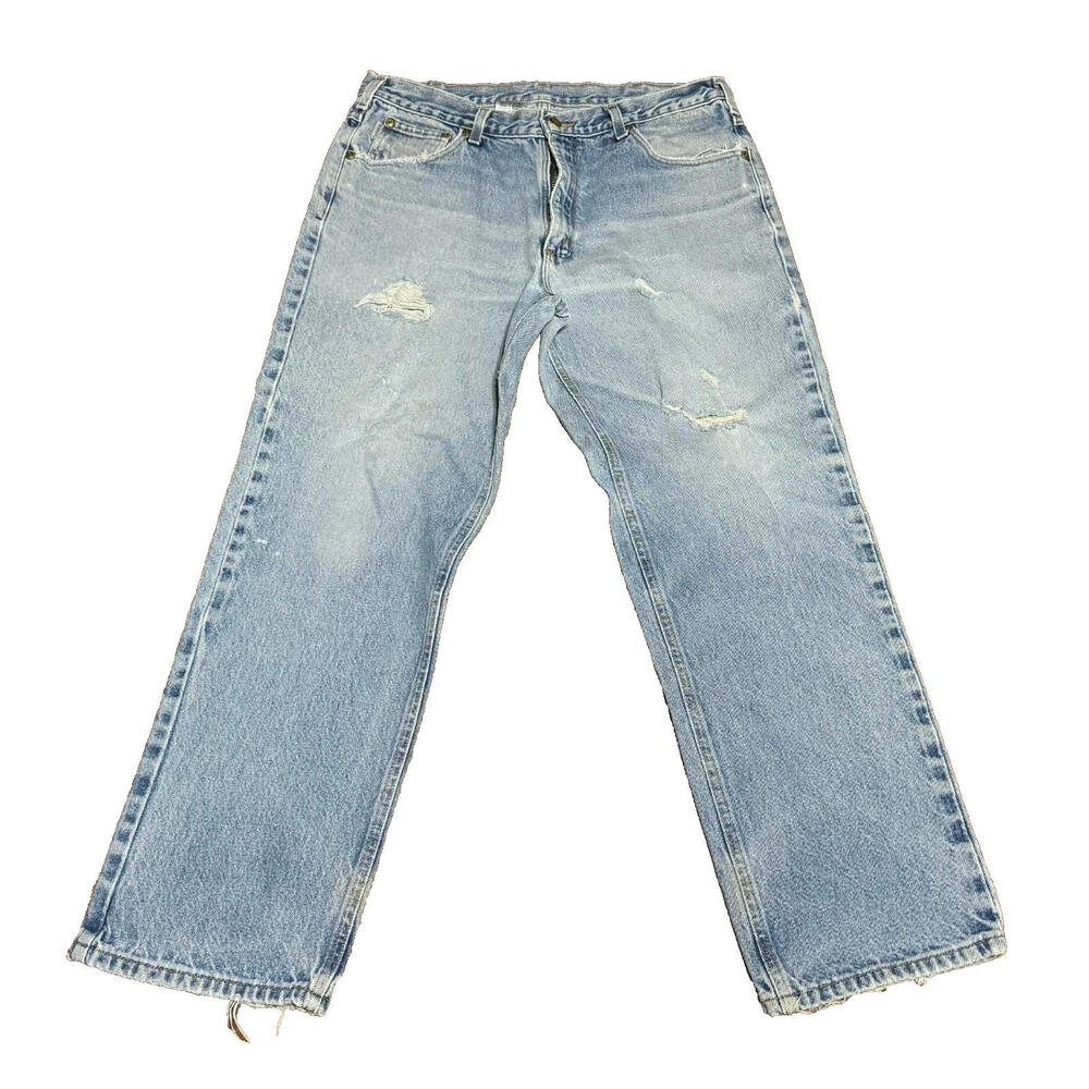 Vintage Carhartt Mens Relaxed Fit Light Wash Denim Jeans 36X30 Distressed Holes